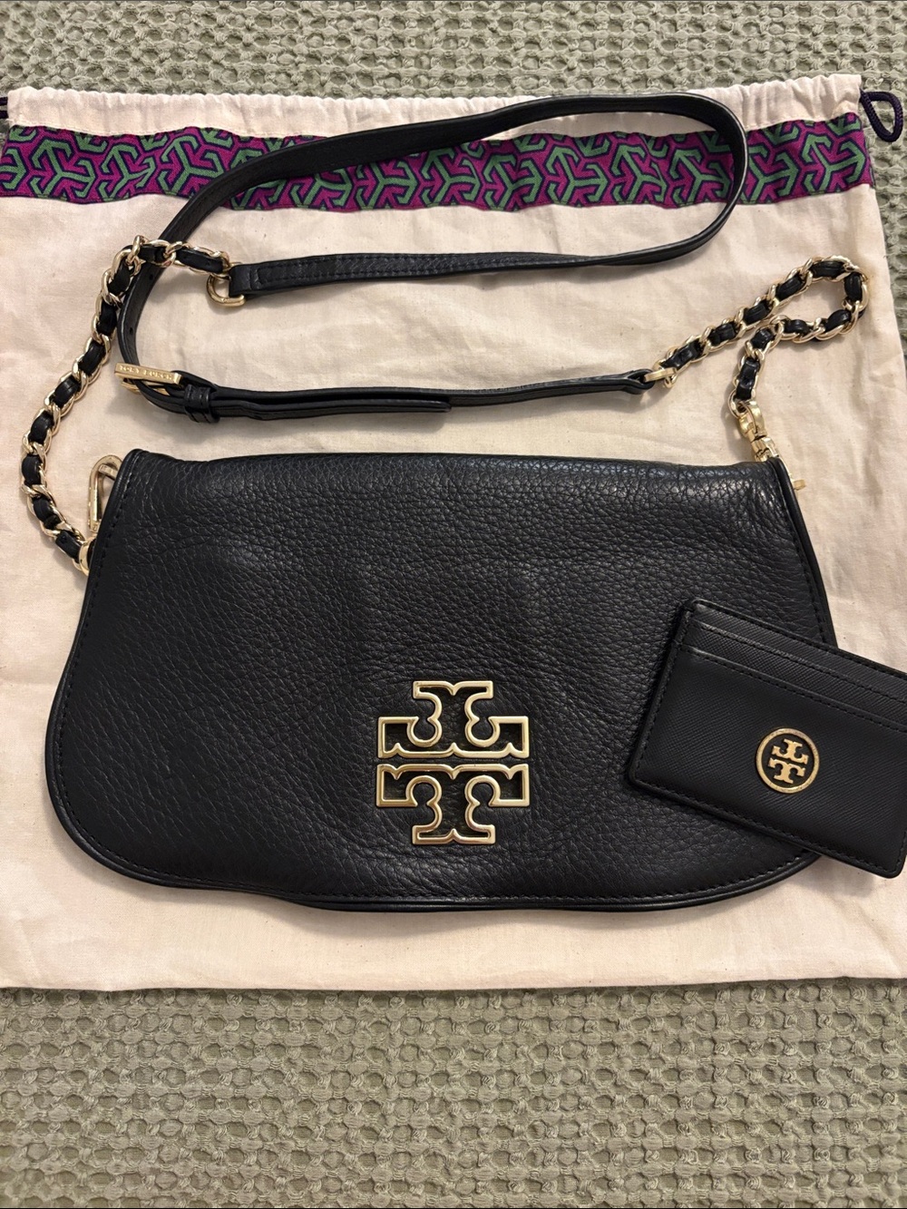 Tory Burch Black Pebbled Leather Shoulder Bag with Gold Logo